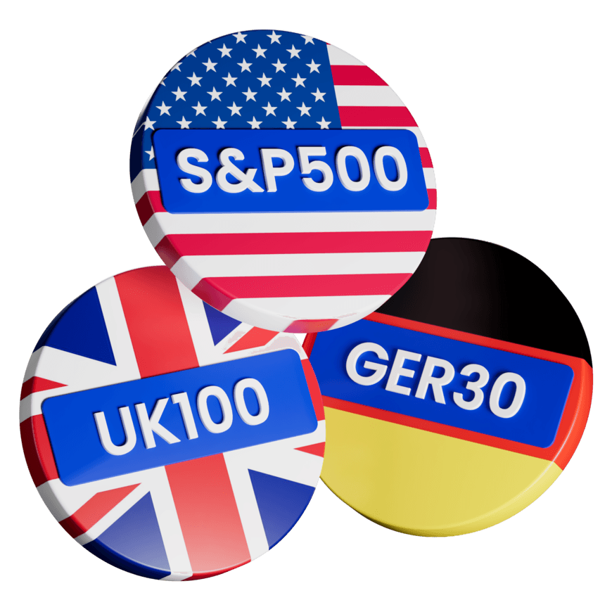 Ilustrasi 3D lencana indeks saham S&P 500, UK100, dan GER30