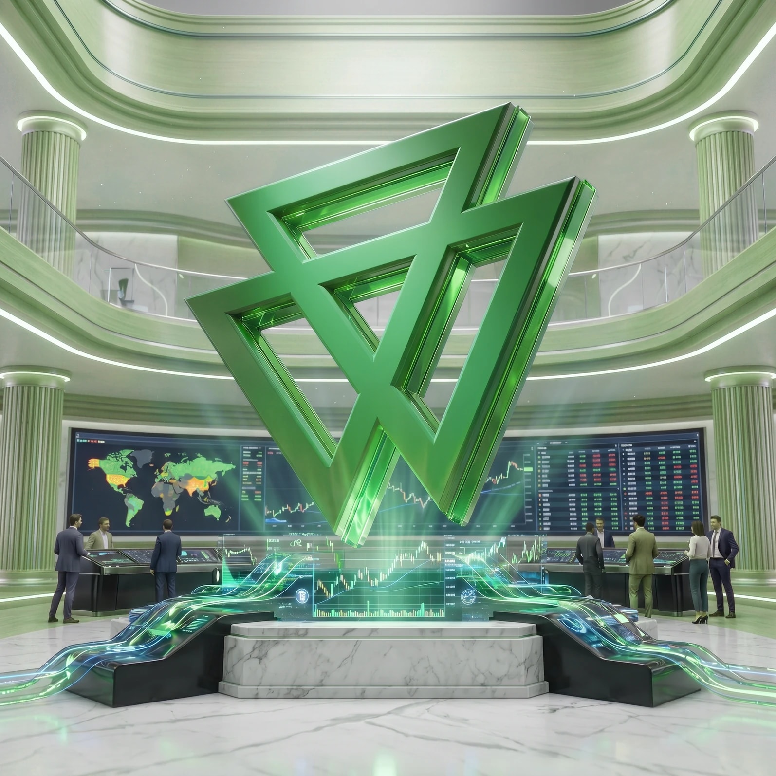 Pusat trading CXM — logo CXM hijau menjulang di atas lantai pasar