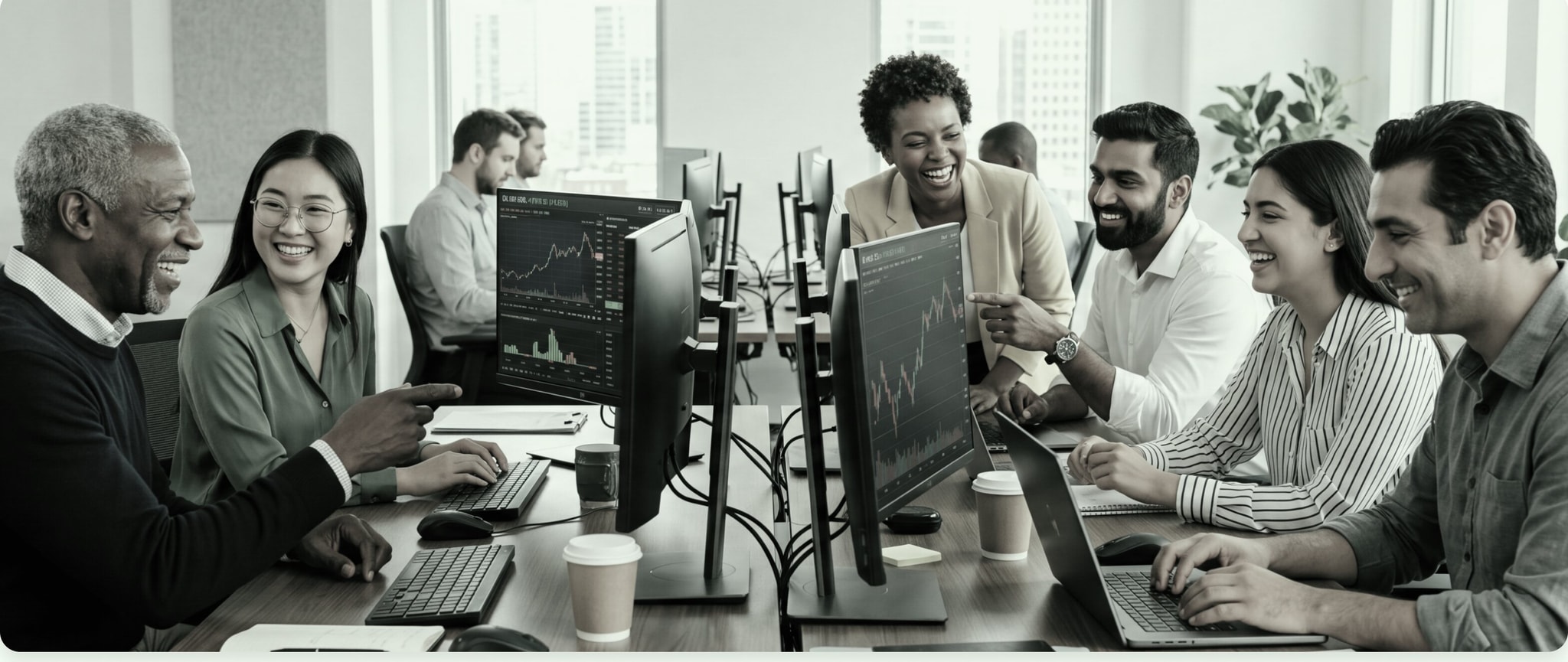 Rekan-rekan CXM berkolaborasi di sekitar layar trading dalam kantor berkonsep terbuka