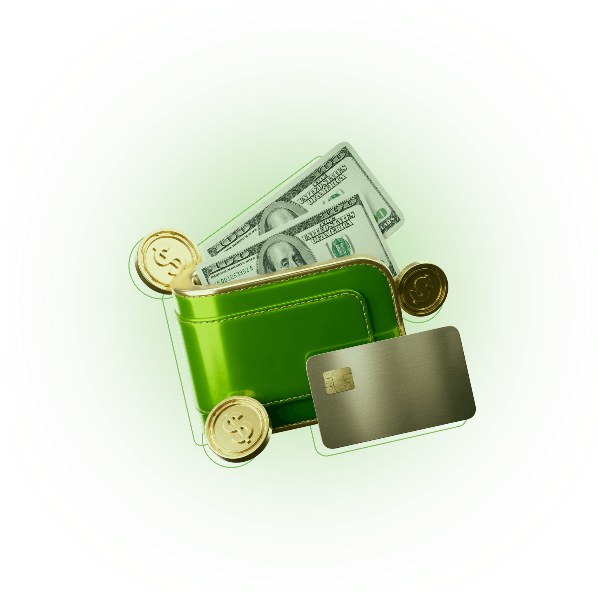 Wallet berisi uang tunai, koin, dan kartu yang mewakili imbalan CXM Earn