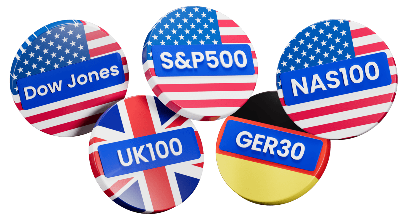 Lencana indeks saham global — Dow Jones, S&P 500, NAS100, UK100, dan GER30
