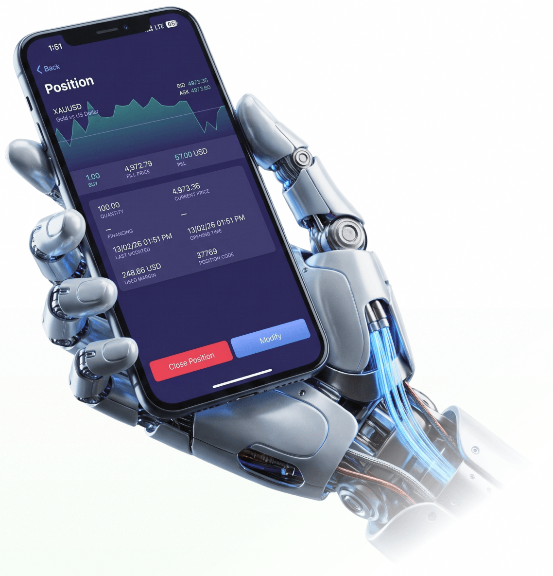 Tangan robot memegang ponsel yang menampilkan posisi XAUUSD terbuka di aplikasi trading